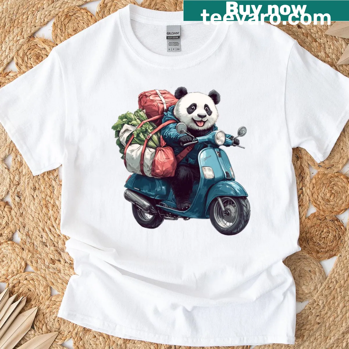 Oversized T-shirt with an illustration of a panda riding a scooter. — on a men's t-shirt