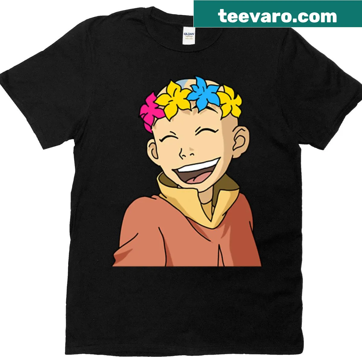 Aang from Avatar wearing a flower crown, representing pansexual pride — on a men's t-shirt