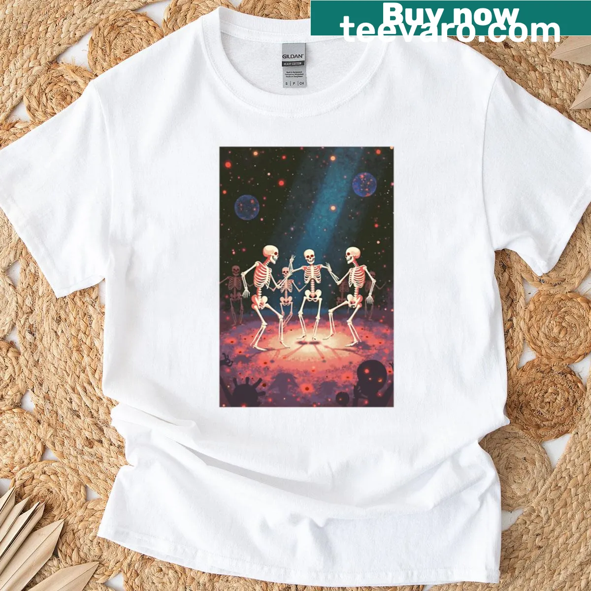 Cartoon skeletons dancing in disco scene on T-shirt. — on a men's t-shirt