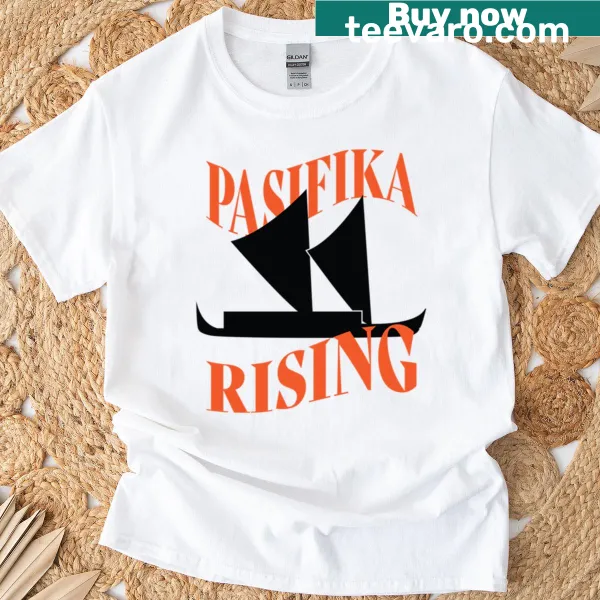 Pasifika Rising text design on an oversized shirt celebrating Pacific culture
