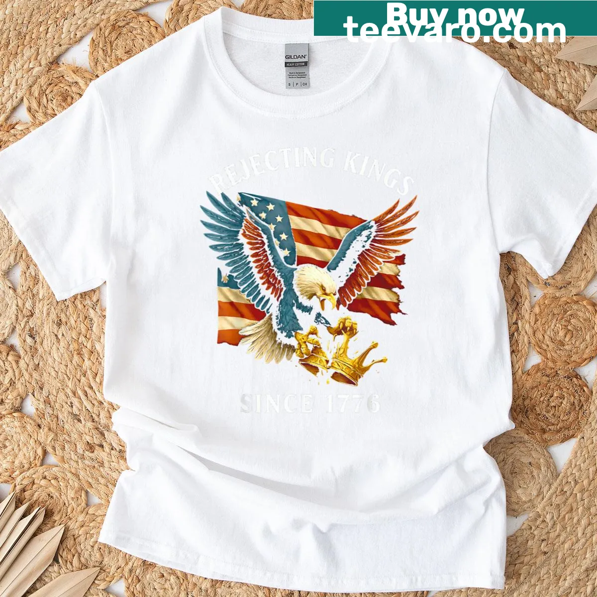Patriotic tee with crowned eagle and 'Rejecting Kings Since 1776' text — on a men's t-shirt