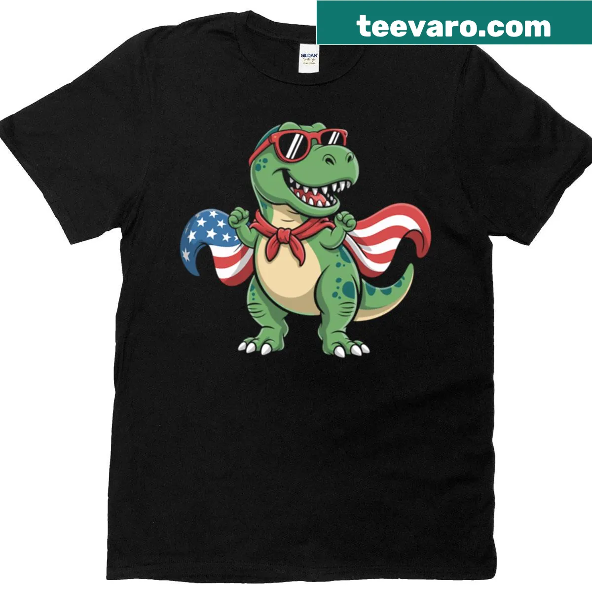 Patriotic T-rex dinosaur graphic for 4th of July celebration — on a men's t-shirt