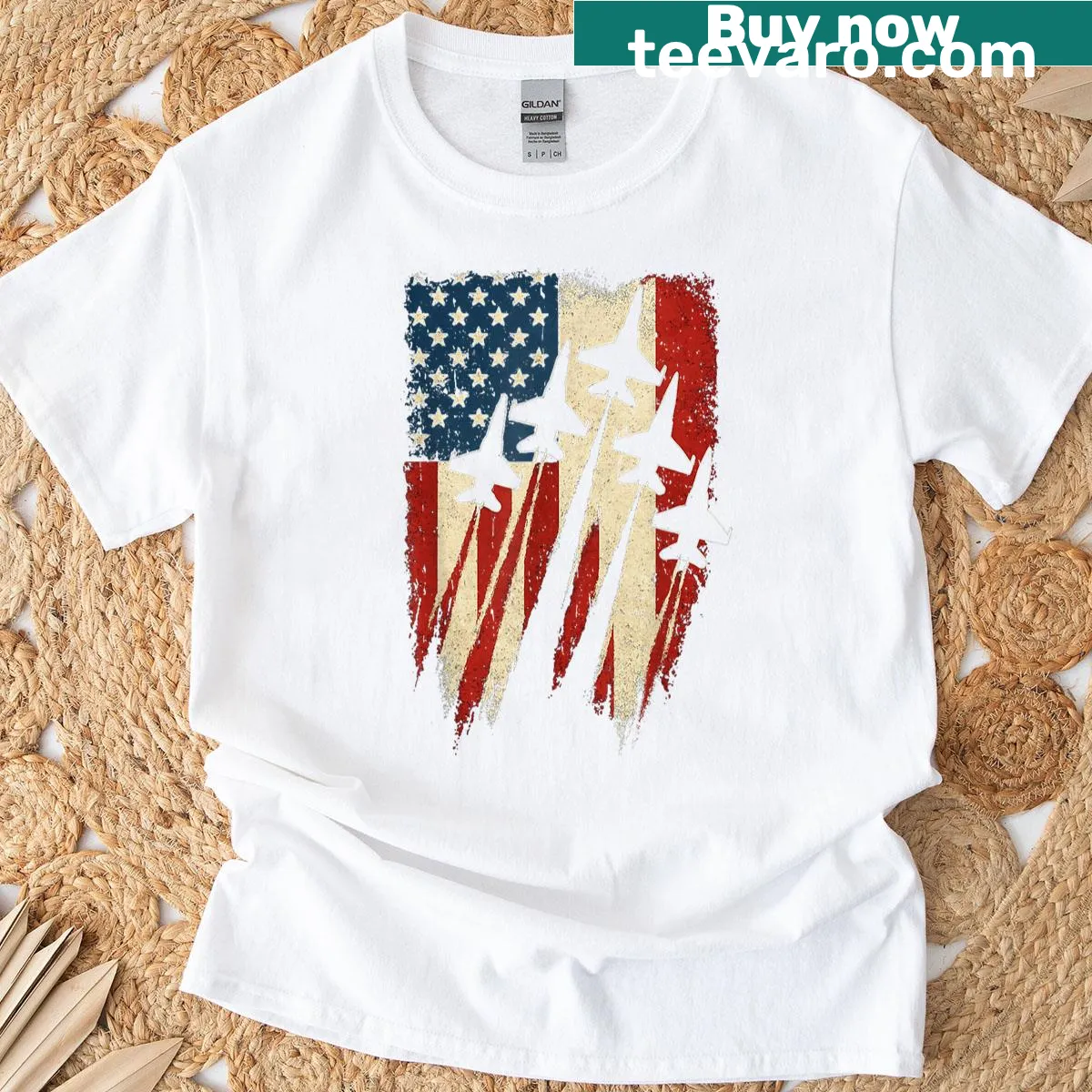Kids tee with fighter jets flying over USA flag design — on a men's t-shirt