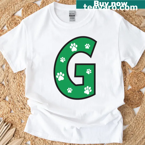 Illustrated T-shirt with paw print alphabet design, perfect for animal lovers.