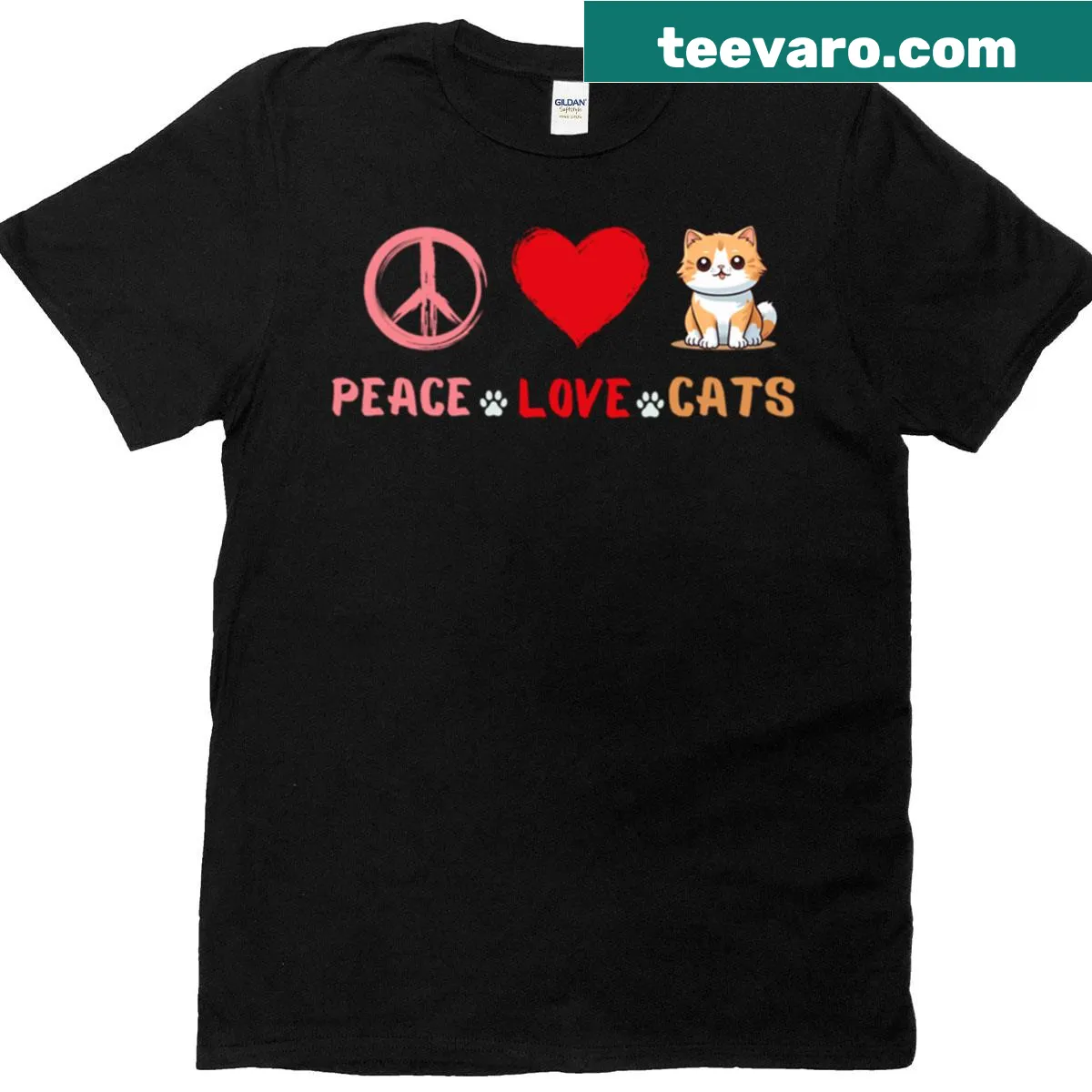 Wholesome illustration combining peace, love, and cats on a T-shirt — on a men's t-shirt