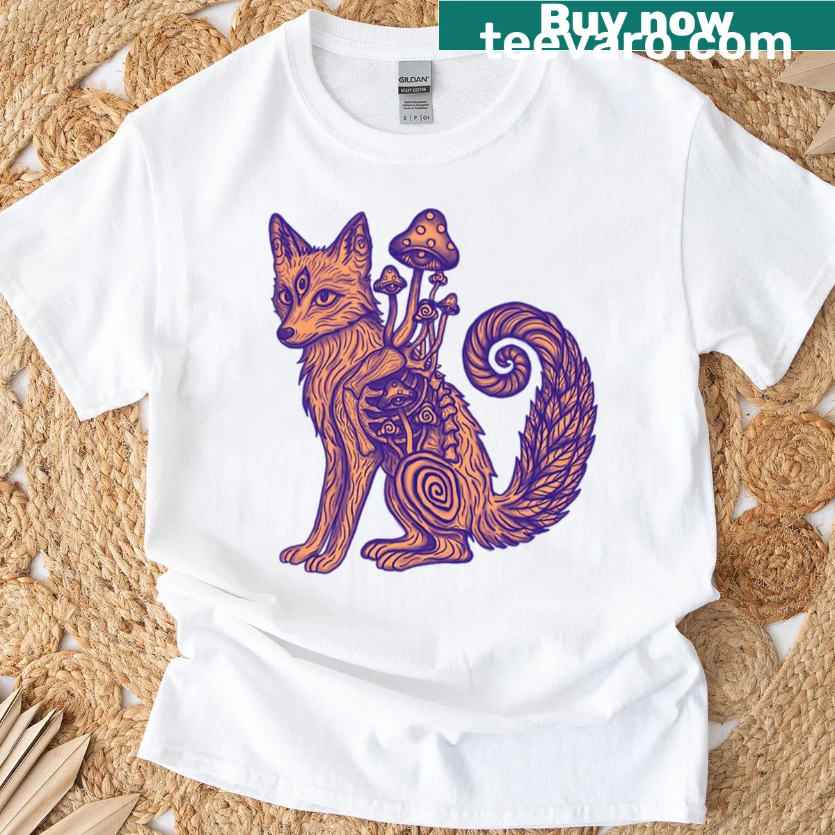 Whimsical fox illustration surrounded by mushrooms and ferns on T-shirt. — on a men's t-shirt