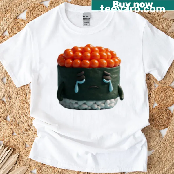 Cute T-shirt with a sushi character design, featuring ikura gunkan, perfect for food lovers.