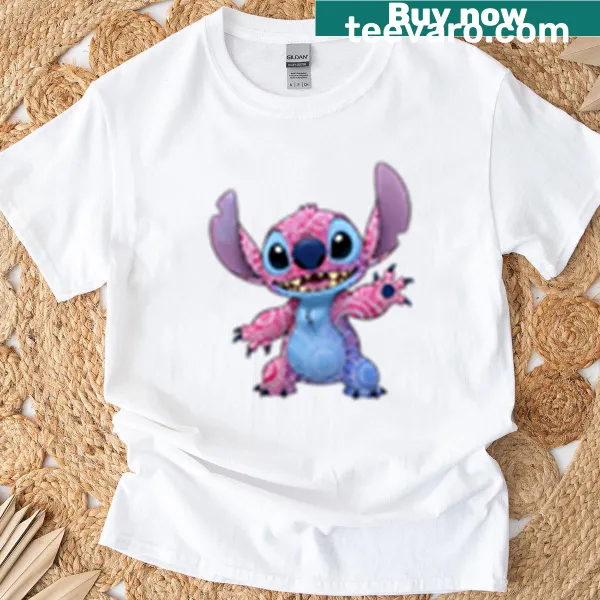 Abstract T-shirt with pink and blue stitching inspired by Aboriginal art.