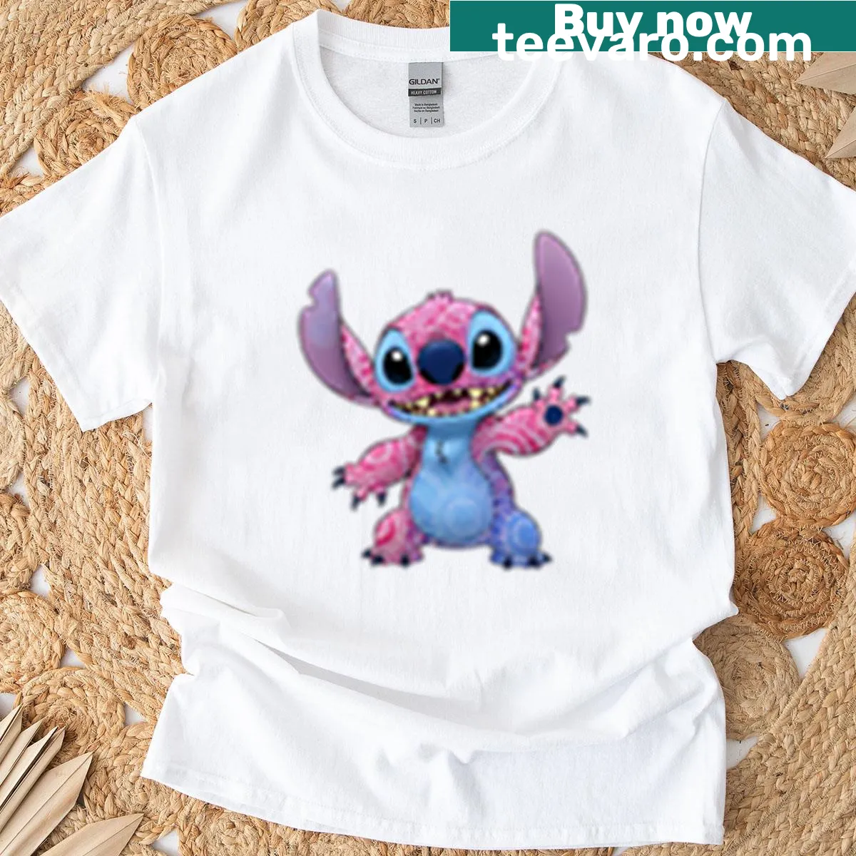 Abstract T-shirt with pink and blue stitching inspired by Aboriginal art. — on a men's t-shirt