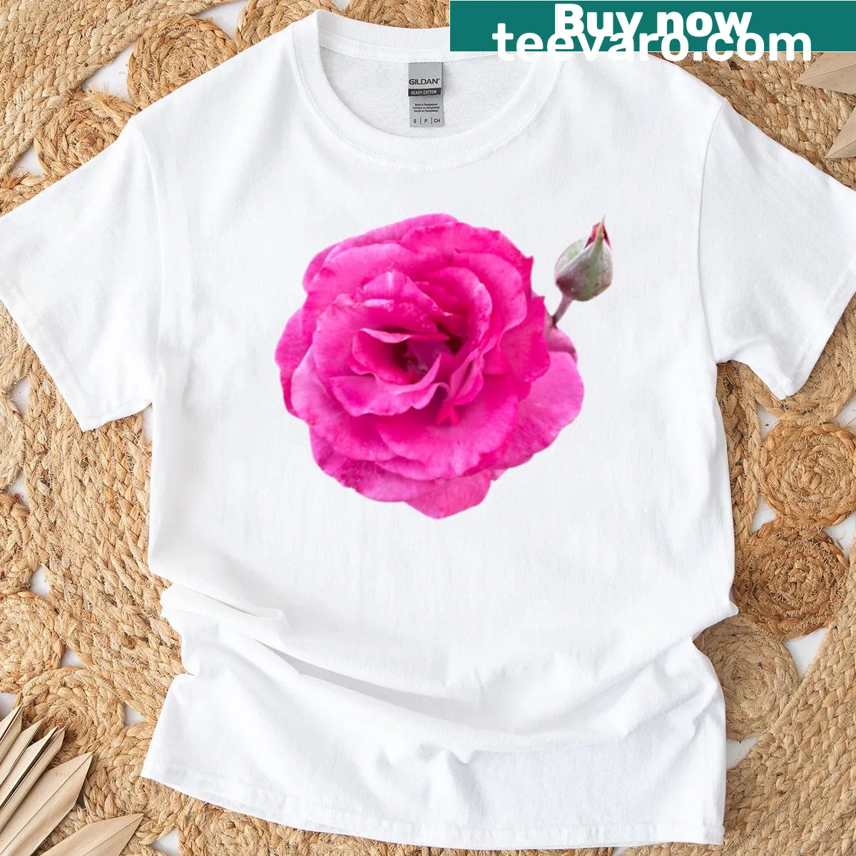 Illustration of a pink rose with a green bud on an oversized T-shirt — on a men's t-shirt