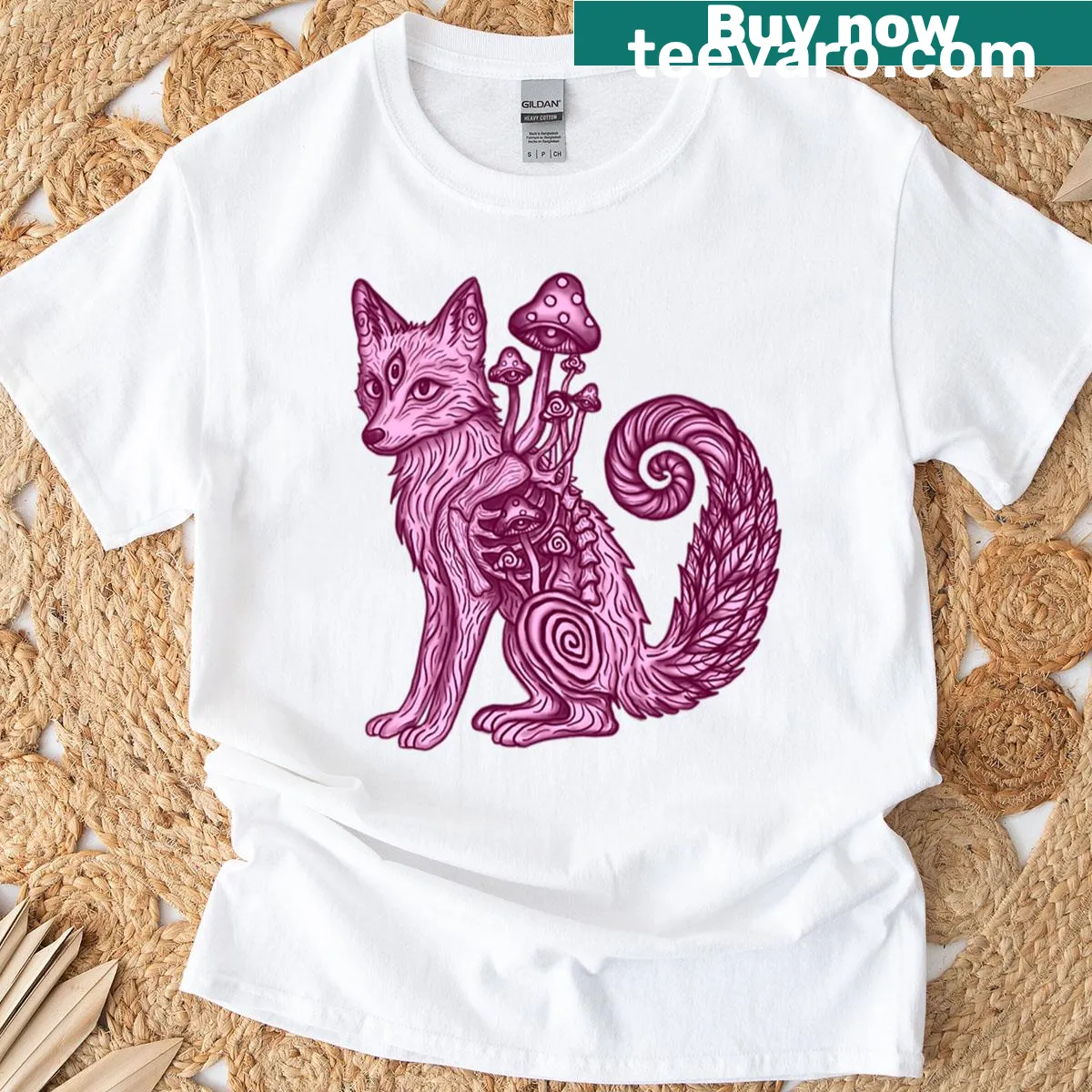 Illustration of a fox with mushrooms and ferns in a trippy style — on a men's t-shirt