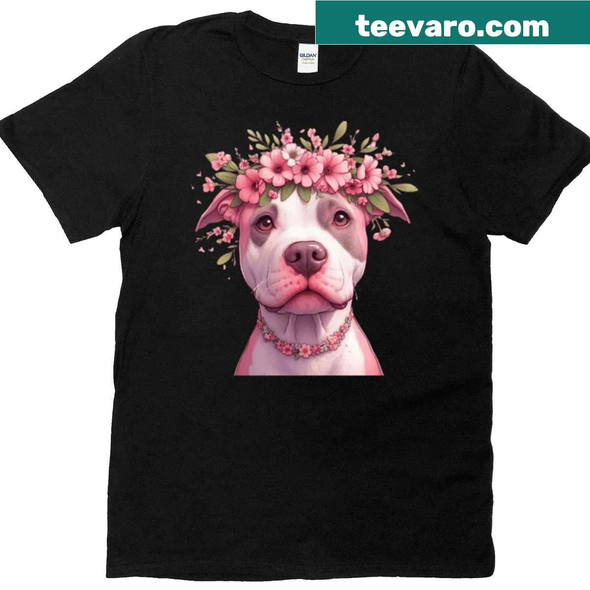 Illustration of a pitbull wearing a wreath on a T-shirt — on a men's t-shirt