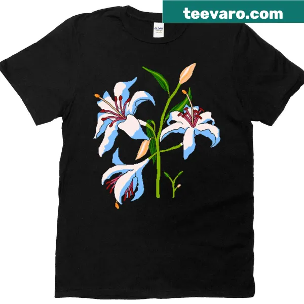 Oversized t-shirt with pixel art lilies design.