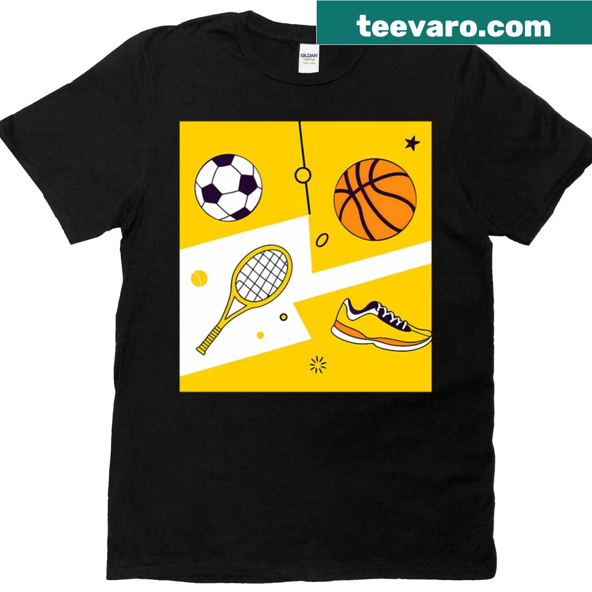 Vibrant t-shirt featuring playful sports equipment on yellow background. — on a men's t-shirt