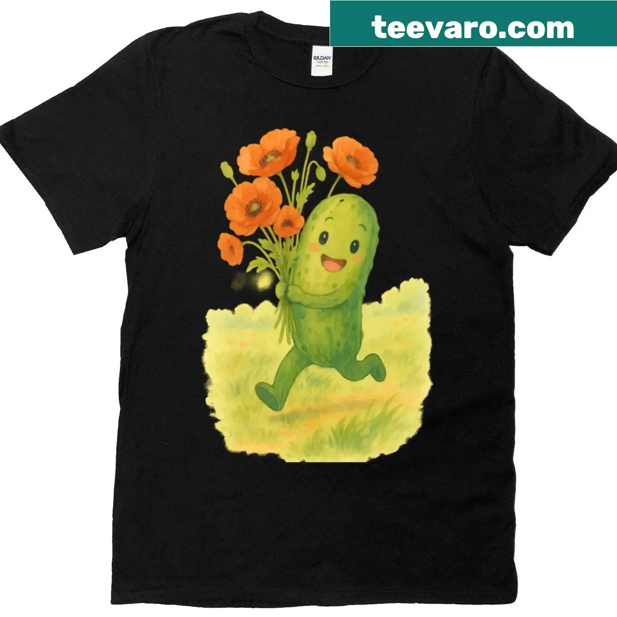 Whimsical graphic of poppies and pickles on an oversized T-shirt — on a men's t-shirt