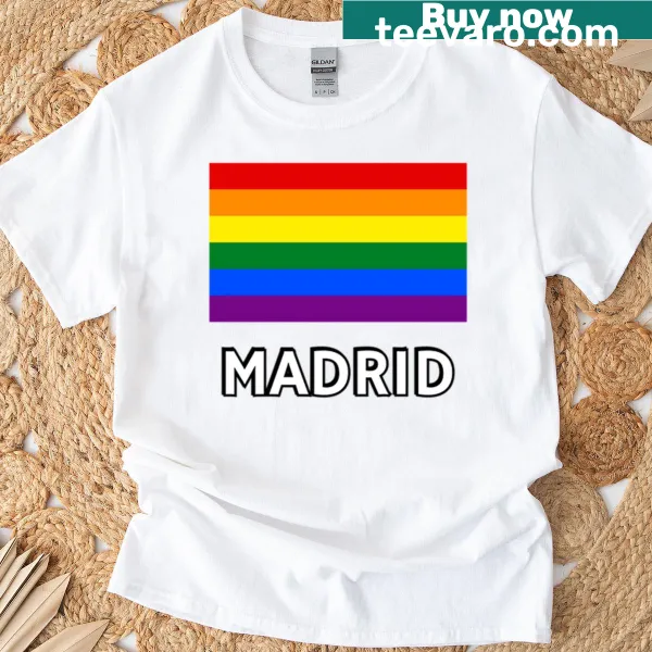 Madrid-themed pride flag graphic printed on a T-shirt.