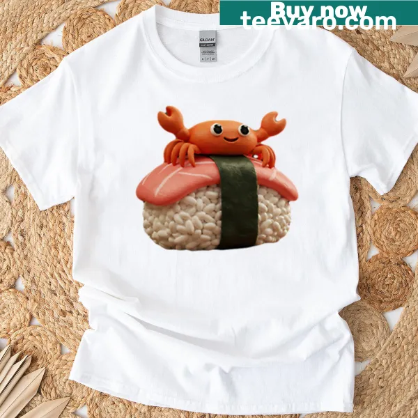 Playful crab and sushi graphic on a T-shirt.