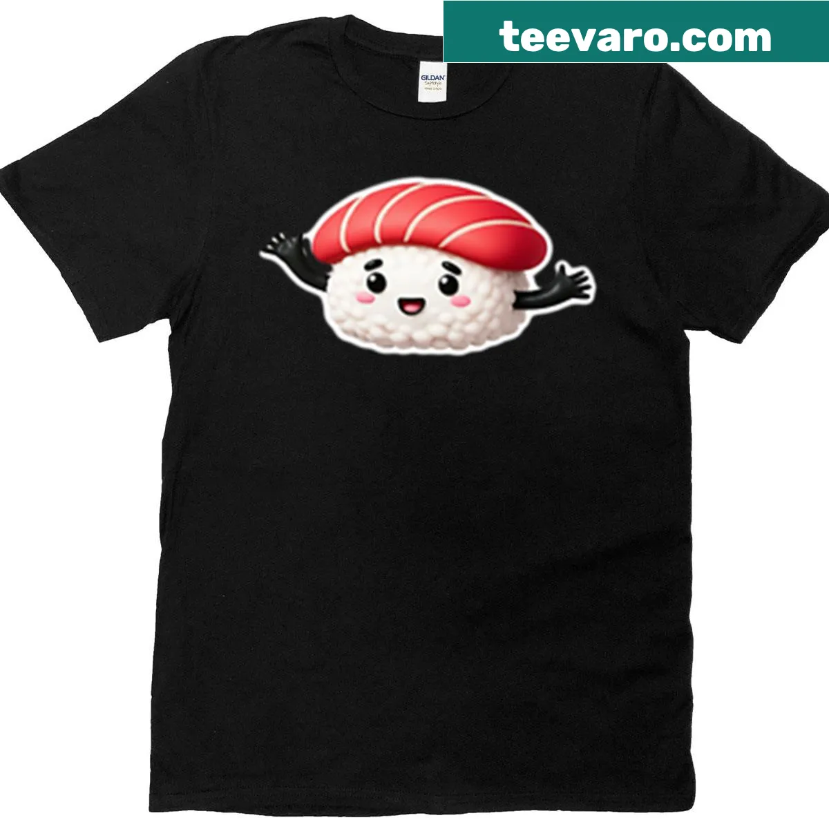 Adorable tuna character graphic on sushi-themed t-shirt — on a men's t-shirt