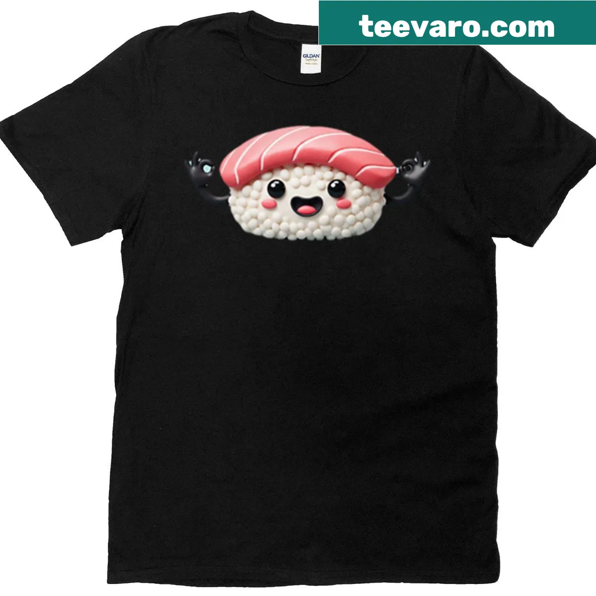 Cute tuna character graphic on sushi-themed t-shirt — on a men's t-shirt