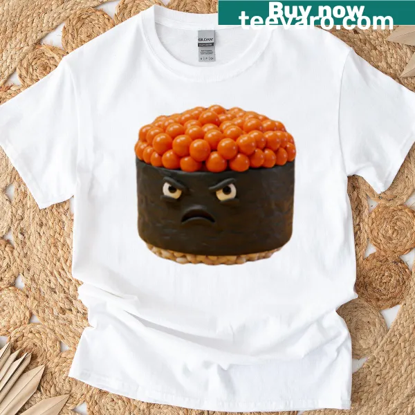 Cartoon design of a puffed-up ikura warrior on a T-shirt