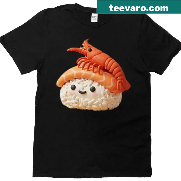 Cartoon shrimp character on sushi T-shirt