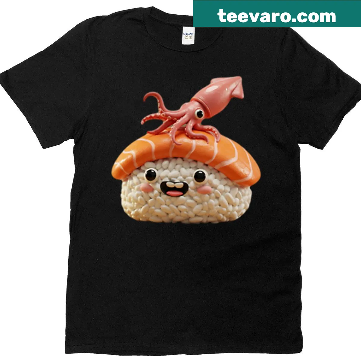 Adorable squid character on a tuna sushi graphic T-shirt — on a men's t-shirt