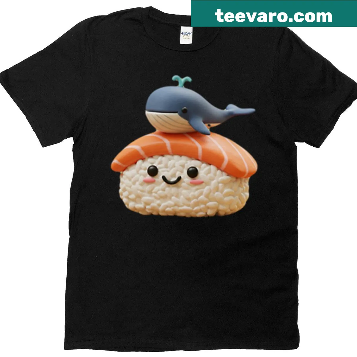 Oversized T-shirt featuring a whale on a piece of tuna sushi — on a men's t-shirt