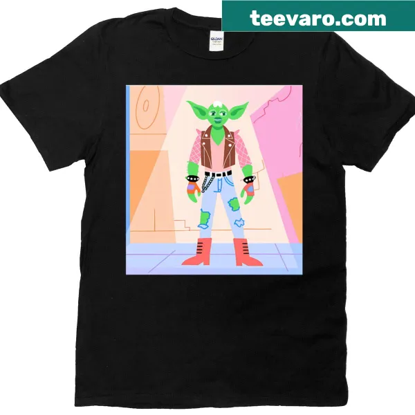 Punk Yoda graphic T-shirt with urban scene illustration