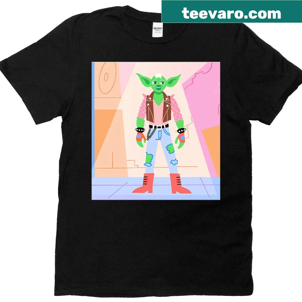 Punk Yoda graphic T-shirt with urban scene illustration — on a men's t-shirt