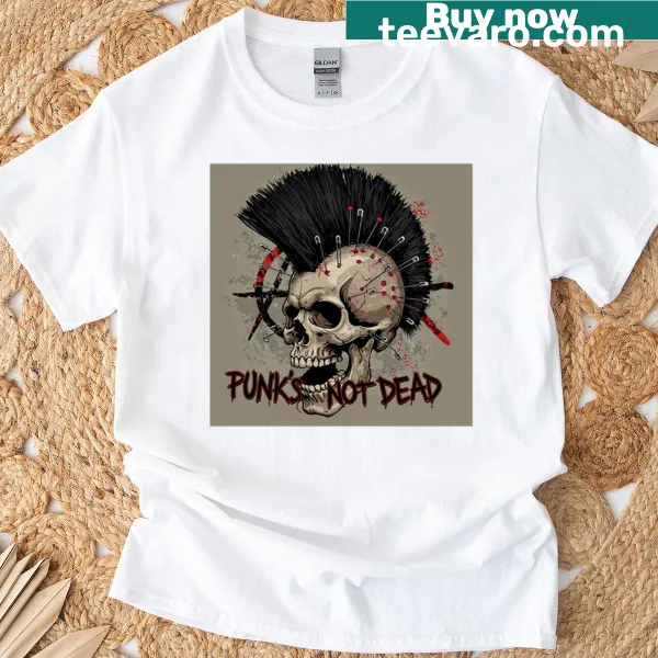 Punk rock themed tee with bold 'Punks Not Dead' graphic.
