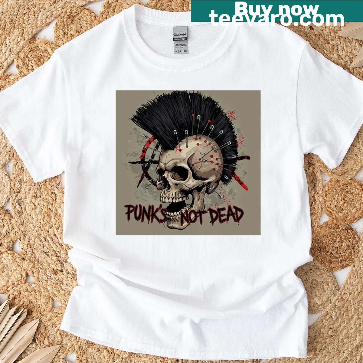 Punk rock themed tee with bold 'Punks Not Dead' graphic. — on a men's t-shirt