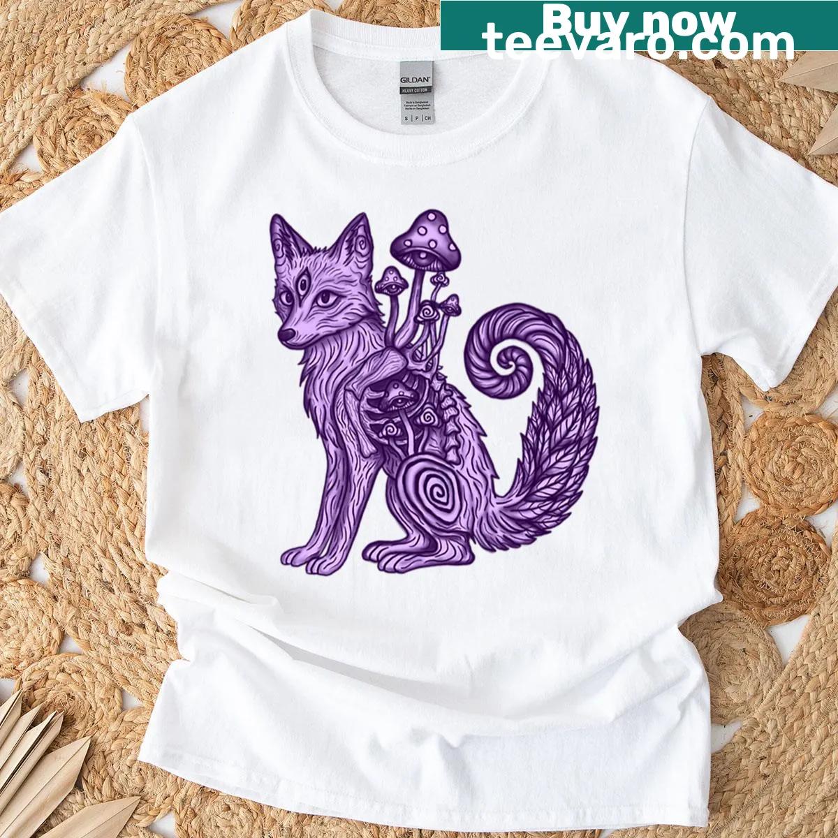 Playful design of mushrooms, ferns, and fox on T-shirt — on a men's t-shirt