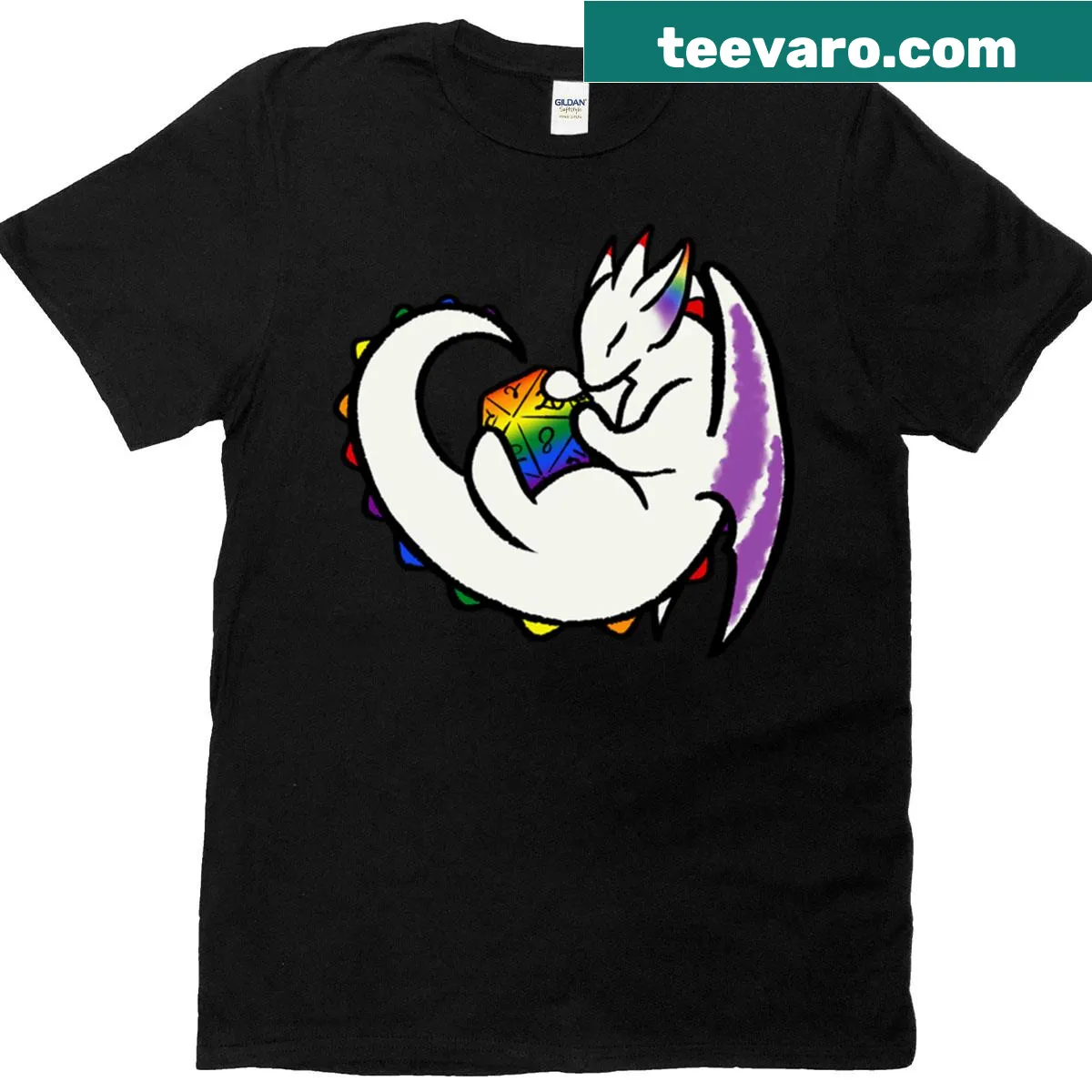 Illustration of a dragon with a rainbow D20 on a T-shirt — on a men's t-shirt