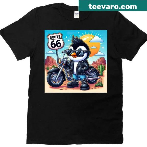Playful penguin graphic on Route 66 T-shirt