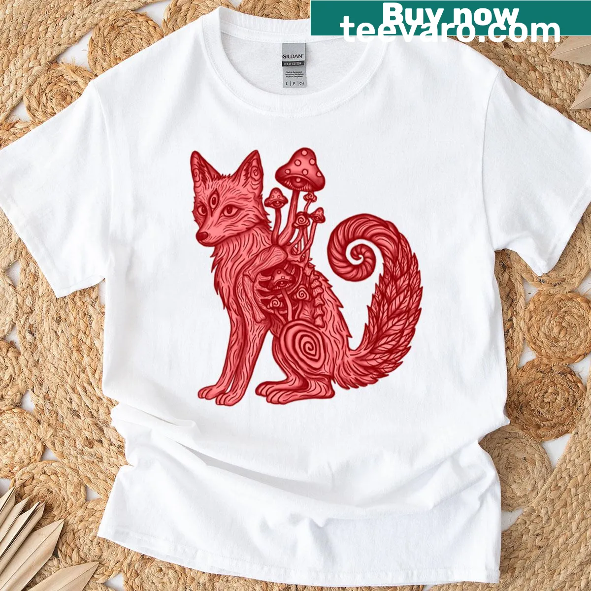 Whimsical fox, mushrooms, and ferns design on a T-shirt — on a men's t-shirt