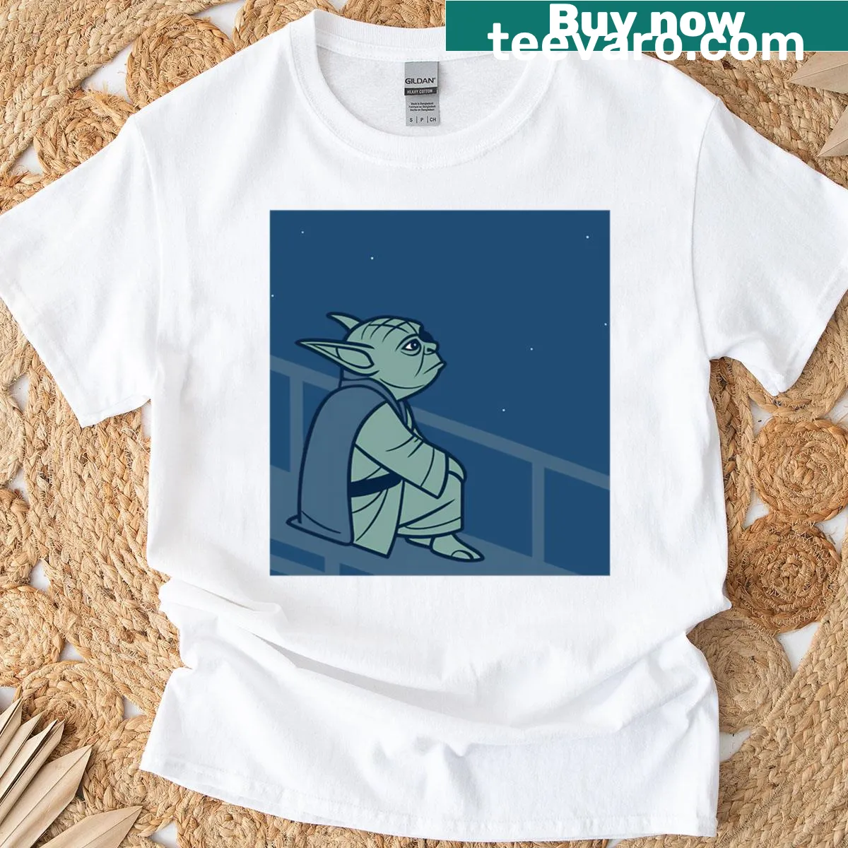 Yoda illustration under a starry sky on an oversized t-shirt — on a men's t-shirt