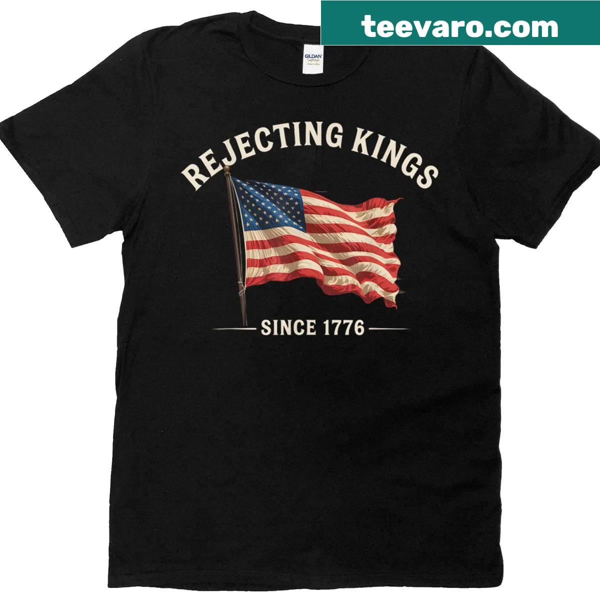 American flag design with the text 'Rejecting Kings Since 1776' on T-shirt — on a men's t-shirt