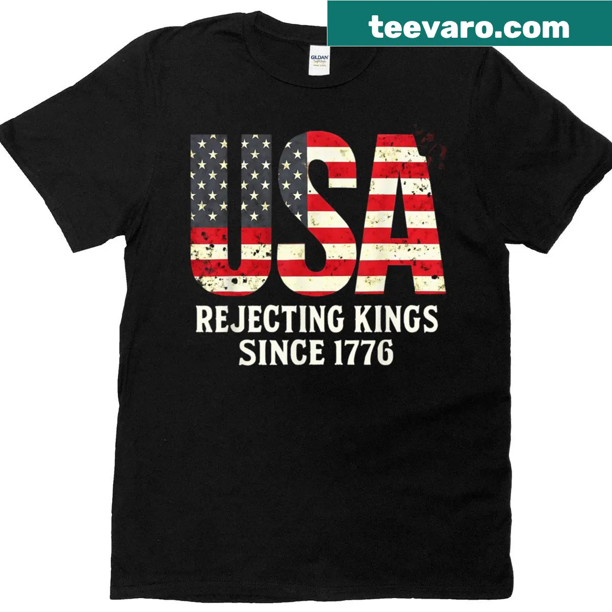 T-shirt with American flag and 'Rejecting Kings Since 1776' text — on a men's t-shirt