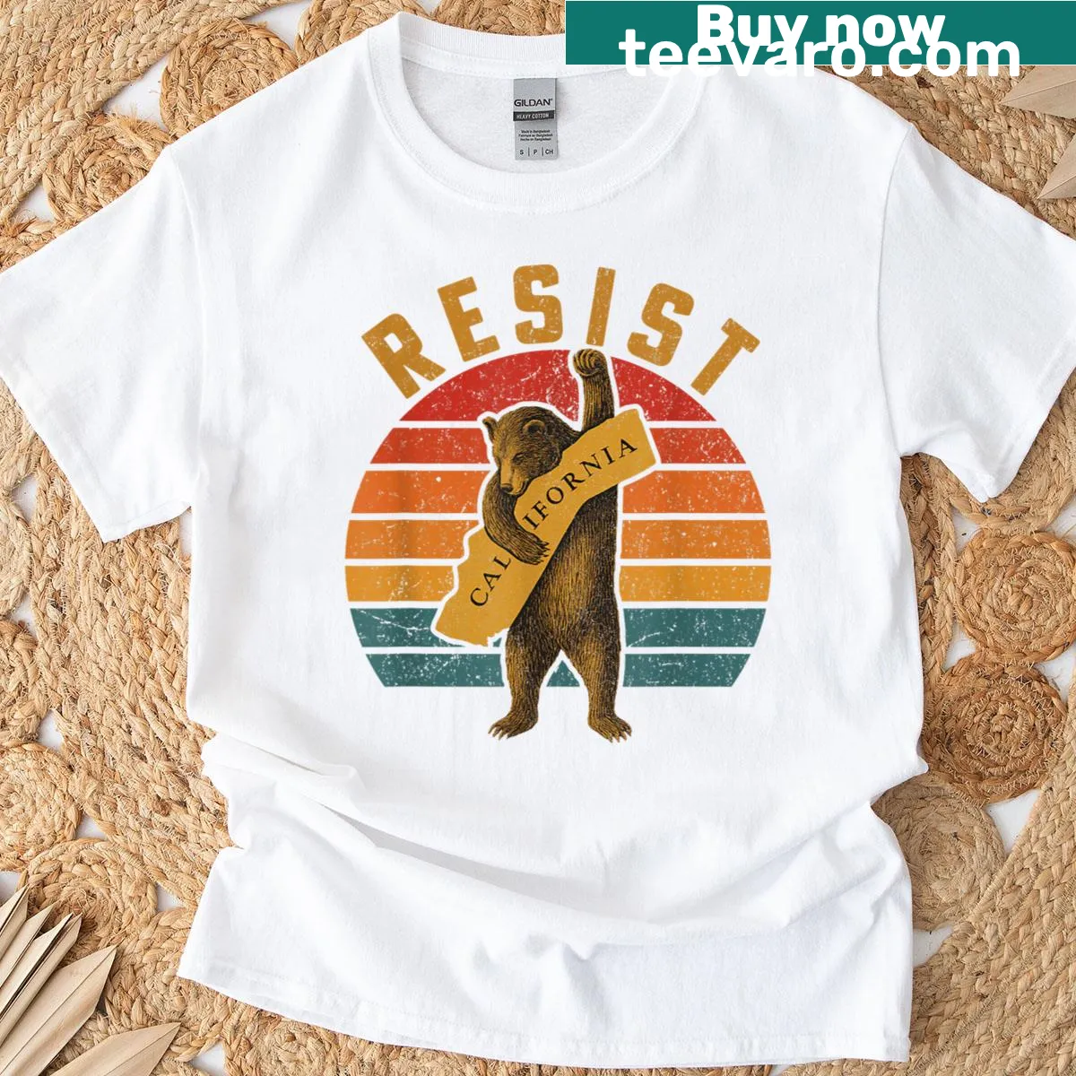 Illustrated California Bear T-shirt with a resistance theme — on a men's t-shirt