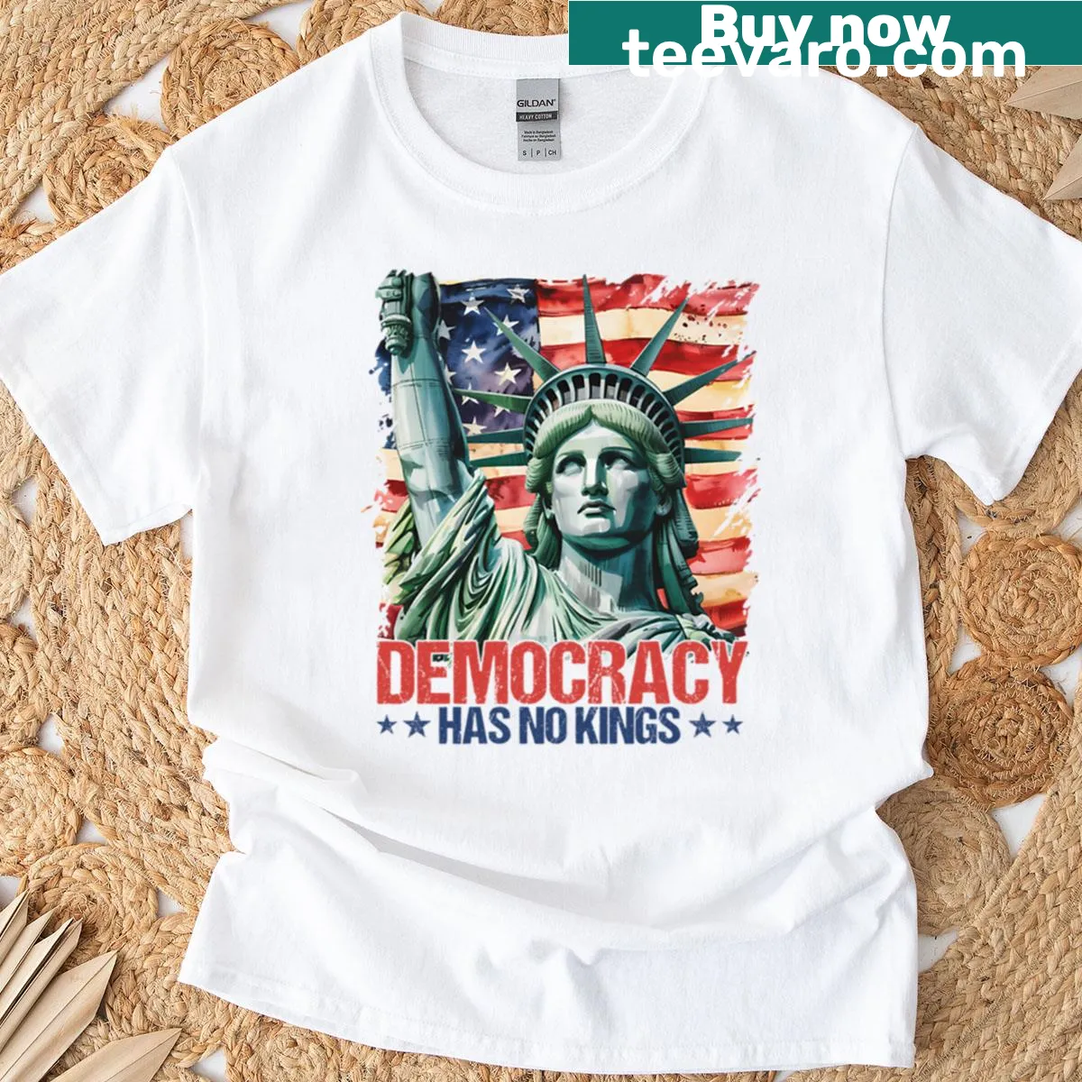 Retro t-shirt featuring Statue of Liberty with text about democracy — on a men's t-shirt