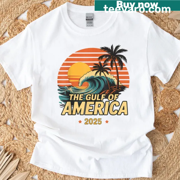 Vintage beach-themed graphic with Gulf of USA on t-shirt