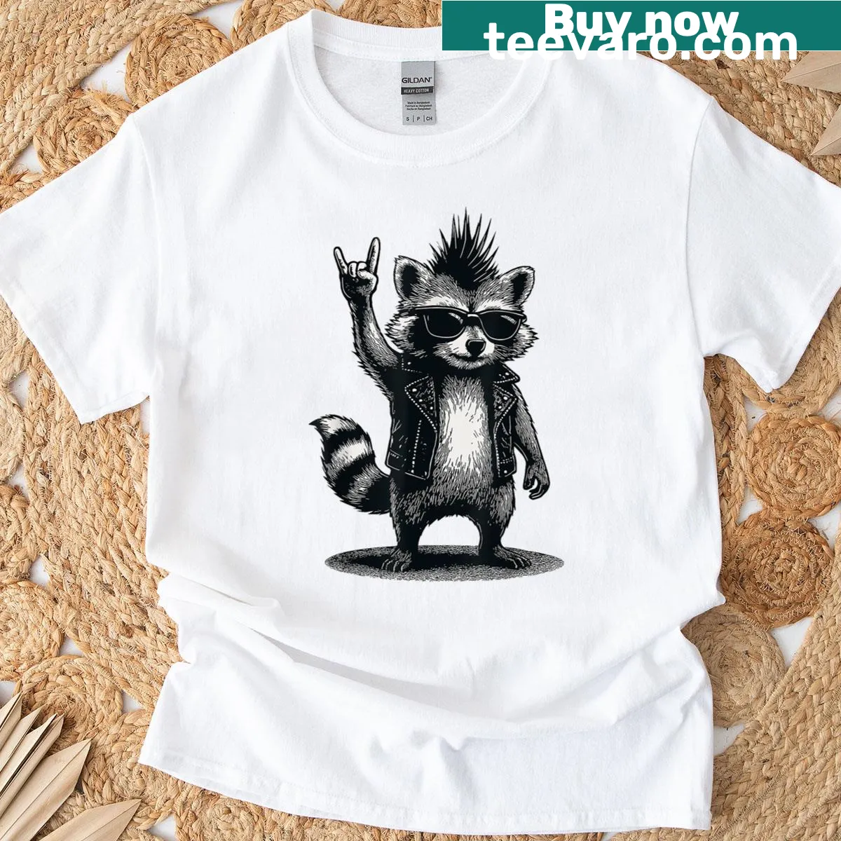Funny rock raccoon graphic on a vintage t-shirt — on a men's t-shirt