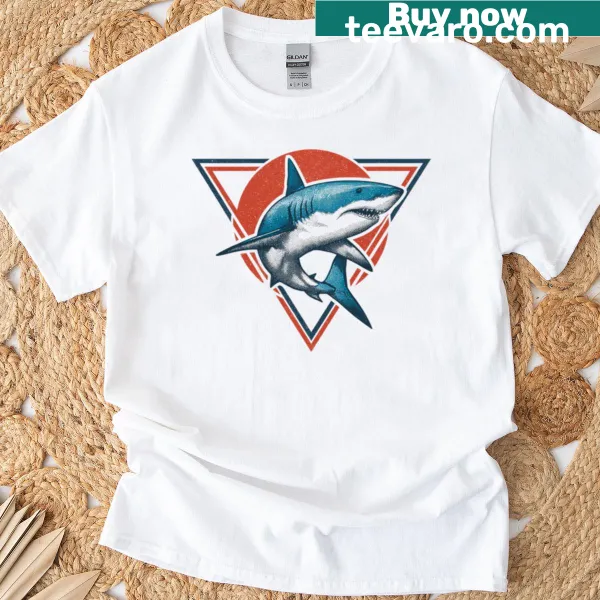 T-shirt featuring a leaping shark graphic in a bold triangle