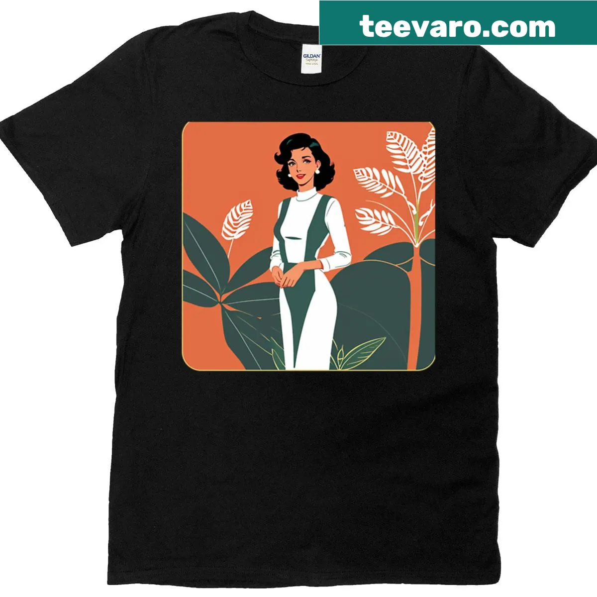 Oversized vintage-style t-shirt with mid-century woman illustration — on a men's t-shirt
