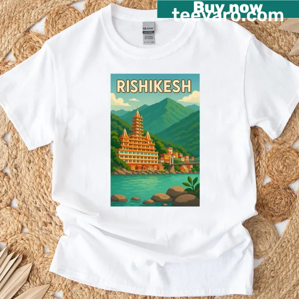 Graphic of Ganges River and Lakshman Jhula on a casual T-shirt