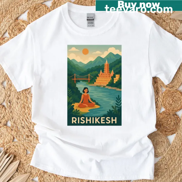 Illustration of Rishikesh Ganges with Lakshman Jhula on a T-shirt