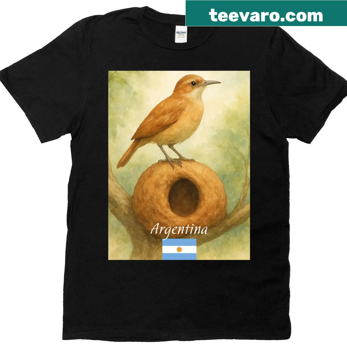 Watercolor print of a Rufous Hornero bird on oversized t-shirt — on a men's t-shirt