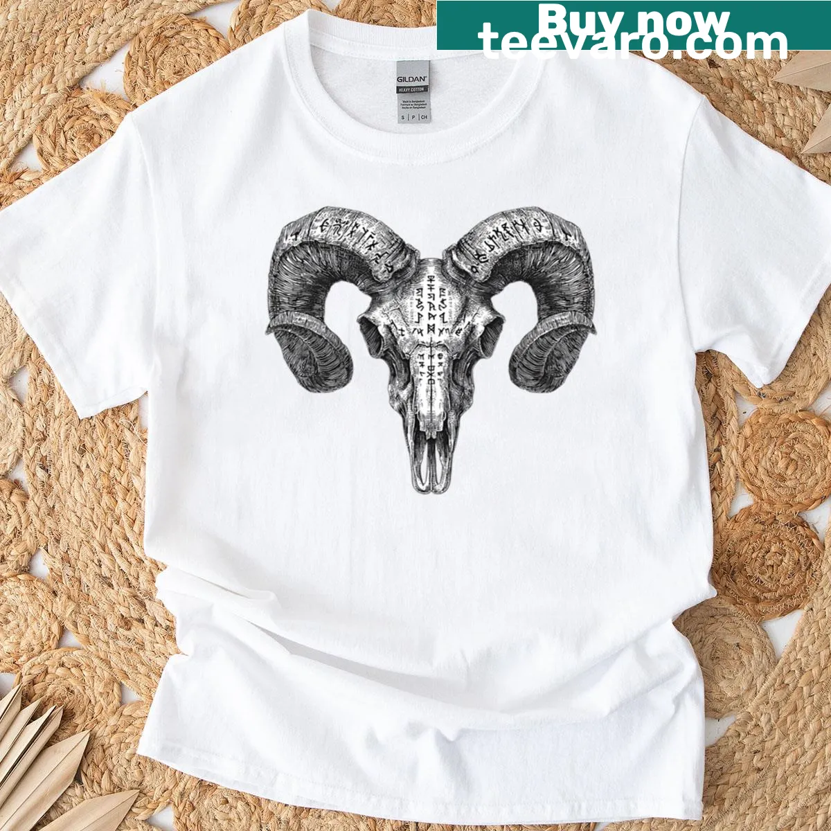 Occult-style t-shirt with runic ram skull illustration — on a men's t-shirt