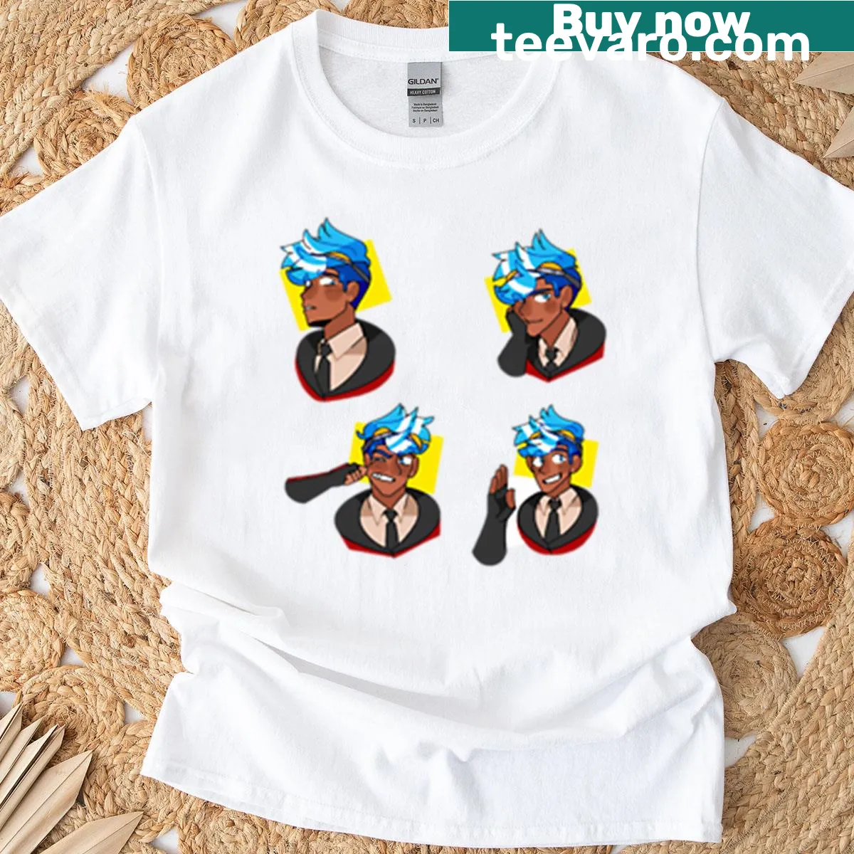 Oversized t-shirt featuring RWBY character Neptune sticker sheet — on a men's t-shirt