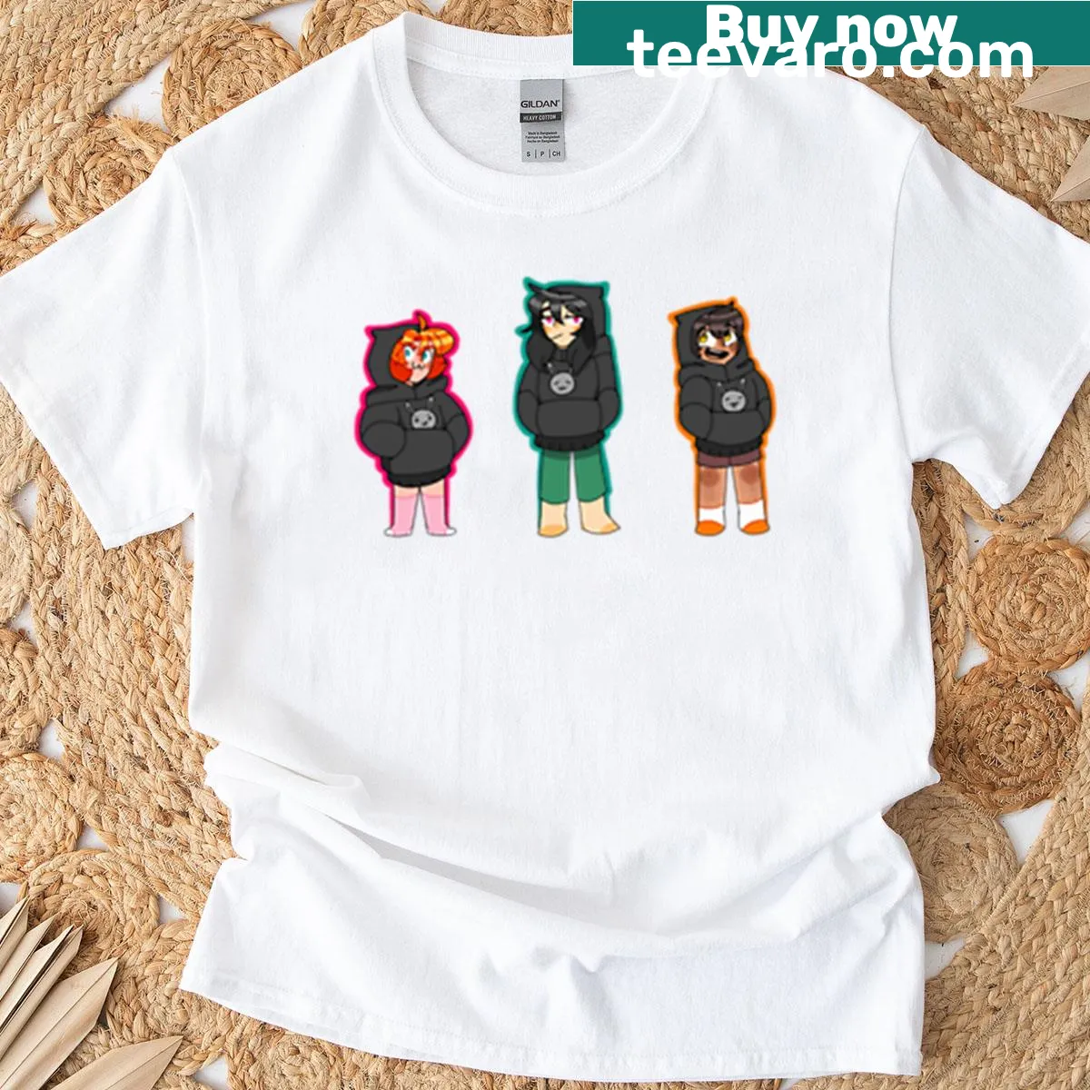Whimsical RWBY Nora Ren and Oscar design with assorted stickers — on a men's t-shirt